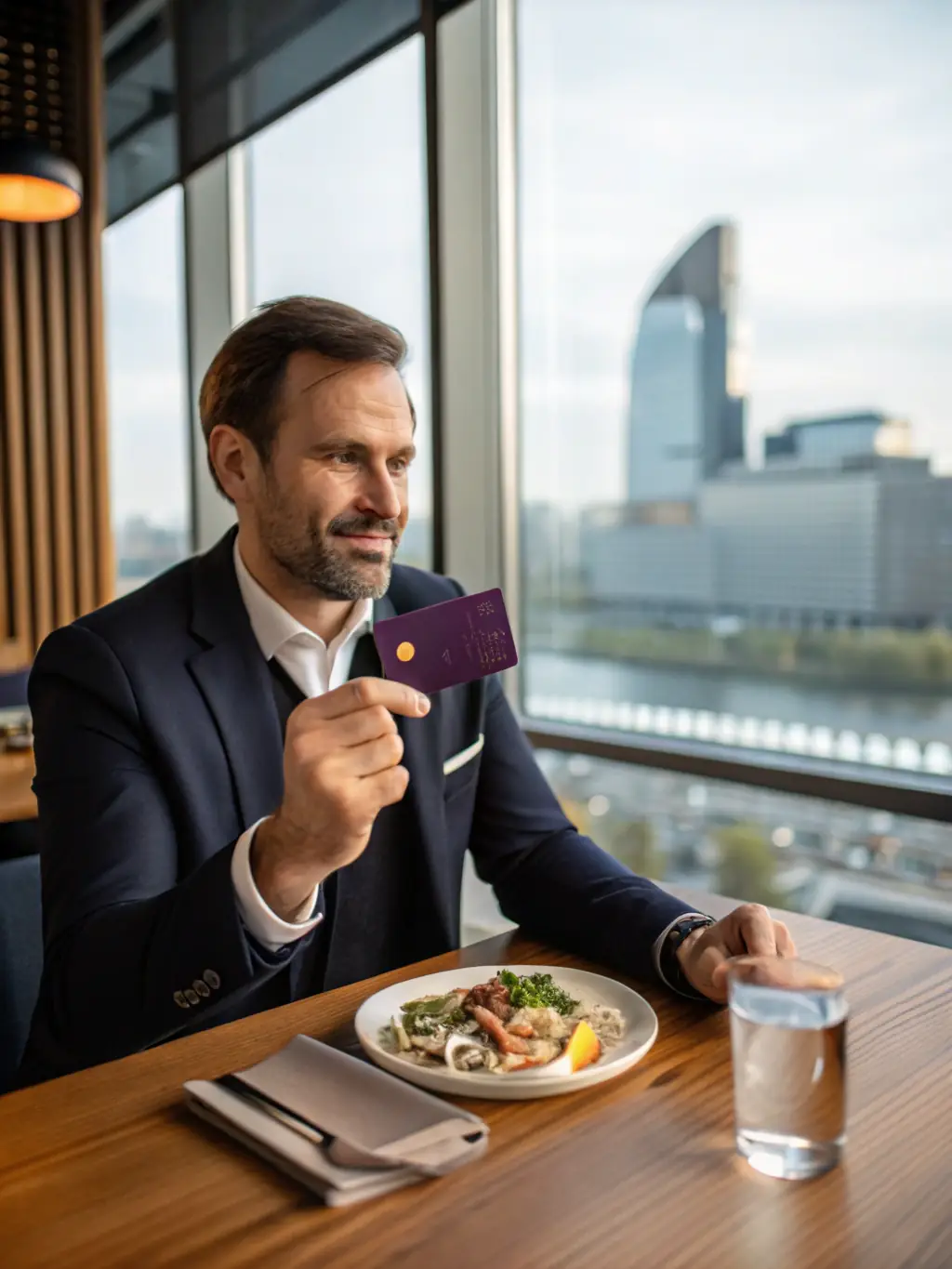 A professional using the Garwwko.online credit card during a business lunch, emphasizing the card's versatility for both personal and professional use.