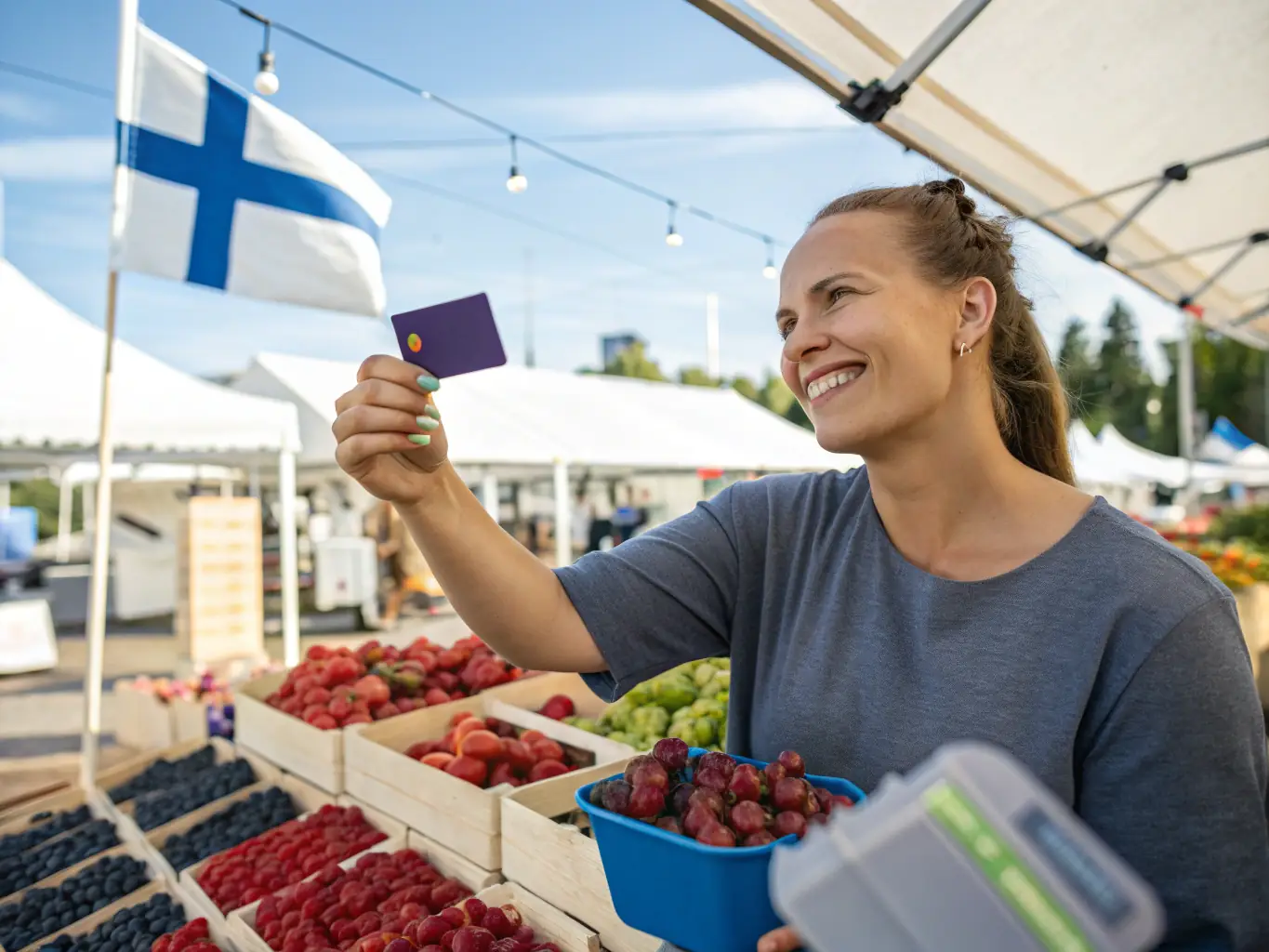 A person happily using a Garwwko.online credit card to make a purchase at a local Finnish market, showcasing the ease and convenience of using the card in everyday life.
