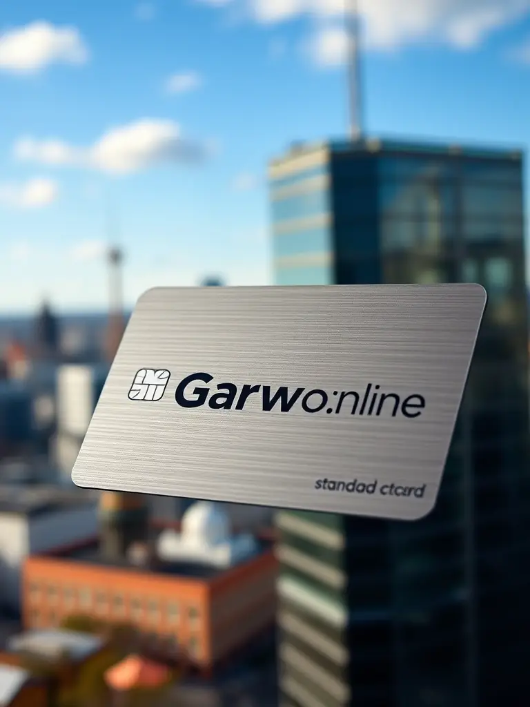 A professional, close-up studio shot of the Garwwko.online Standard Card, showcasing its sleek design and the Garwwko.online logo prominently displayed. The card is resting on a blurred background of a modern Finnish cityscape.