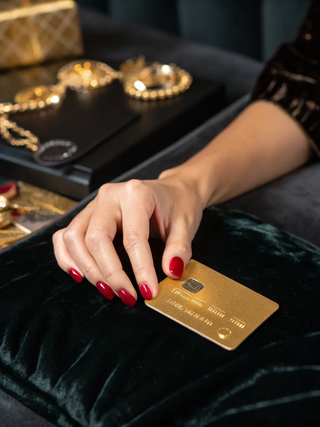 A close-up shot of a person using a Garwwko.online credit card to make a purchase at a high-end boutique, showcasing the card's usability and style.