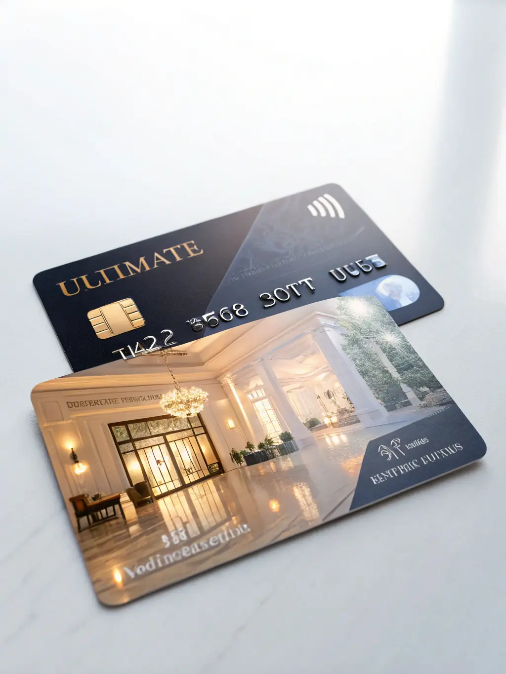 An elegant image of a sleek black credit card with the Garwwko.online logo, placed on a modern desk with a laptop and travel accessories.
