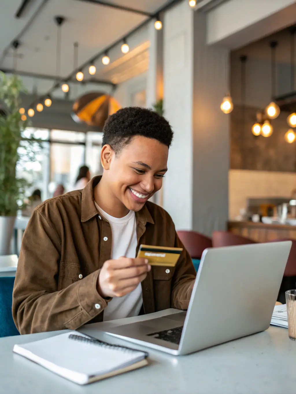 A lifestyle shot of a person using the Garwwko.online Rewards Card to make a purchase at a stylish cafe in Helsinki. The focus is on the card and the ease of use it provides.